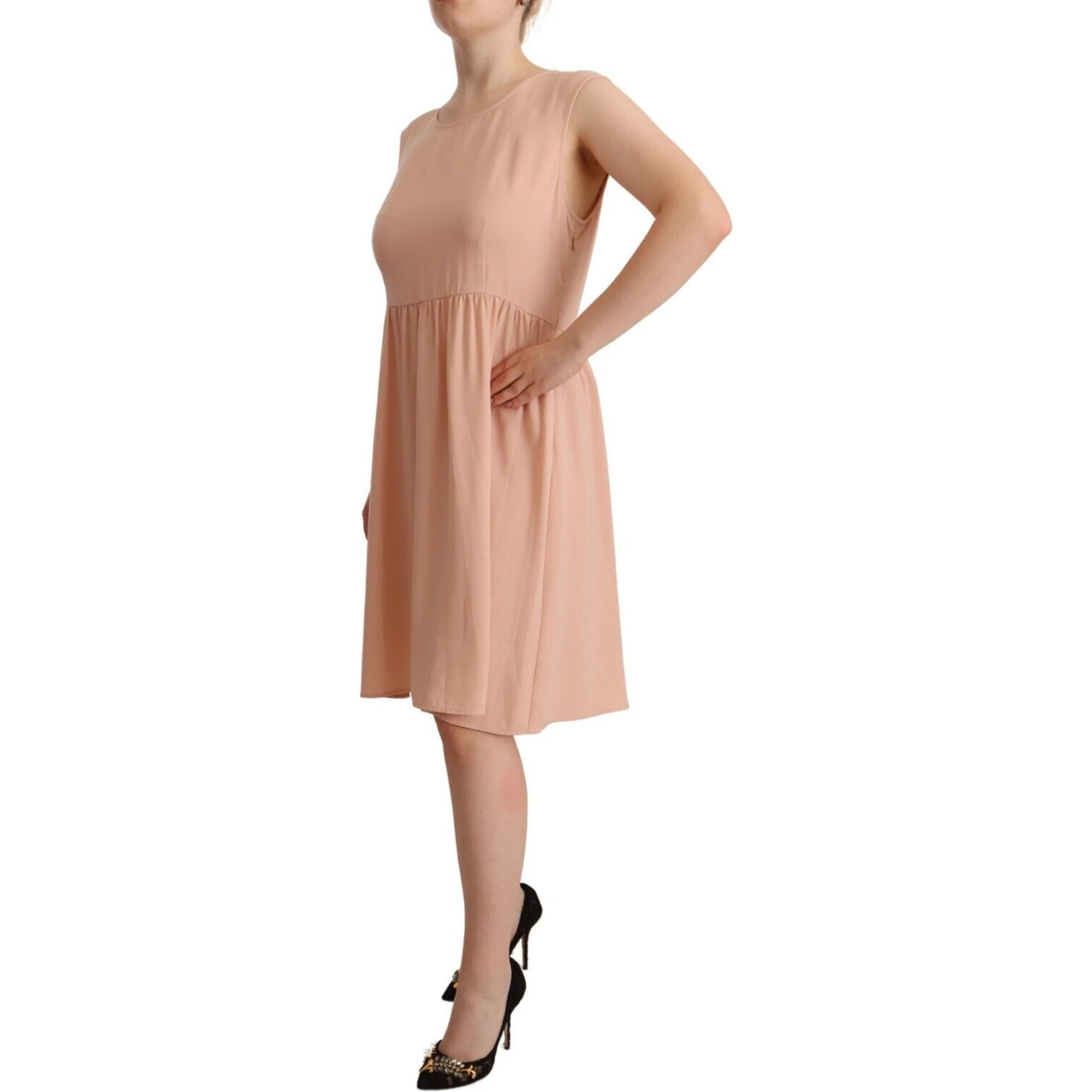 Beige Polyester Sleeveless Shift Knee Length Dress