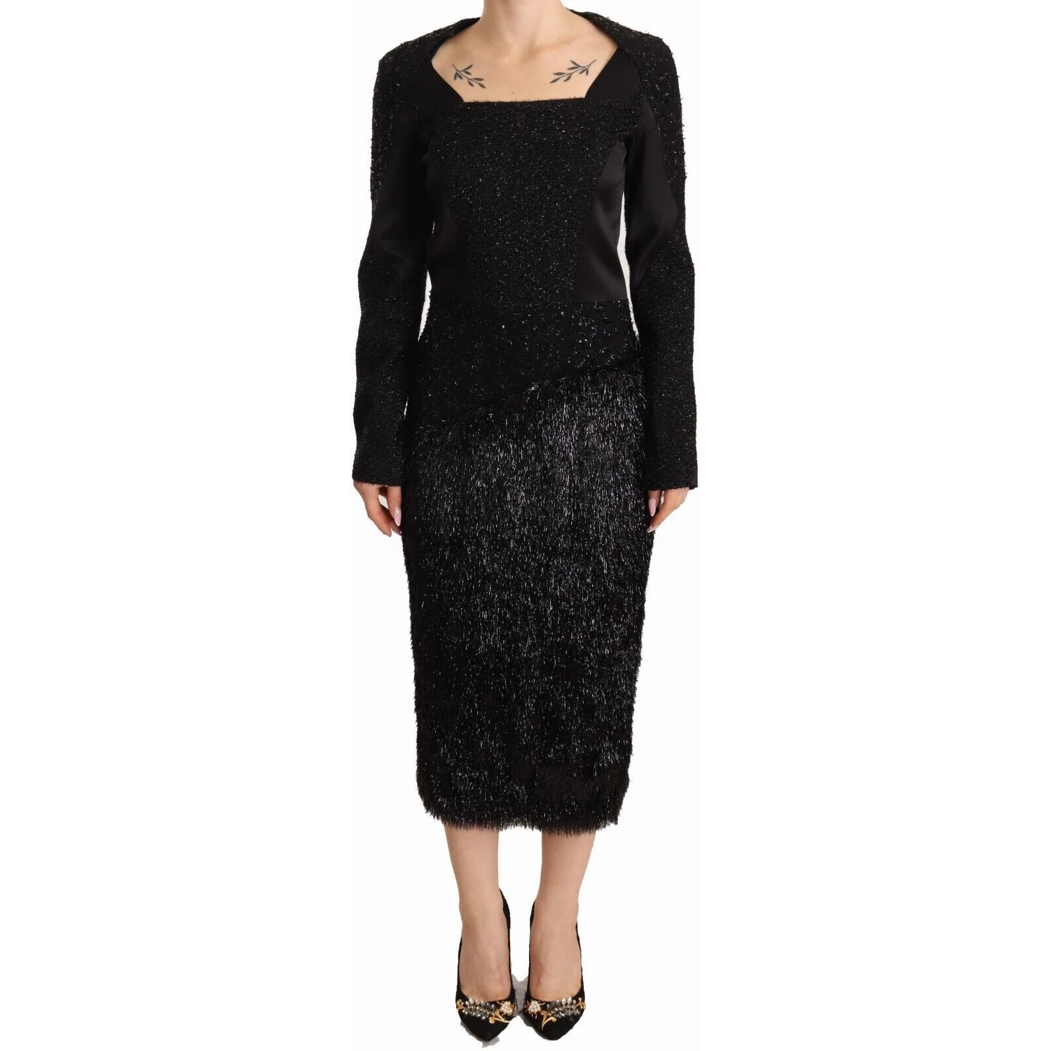 Black Studs Embellished Long Sleeves Sheath Midi Dress