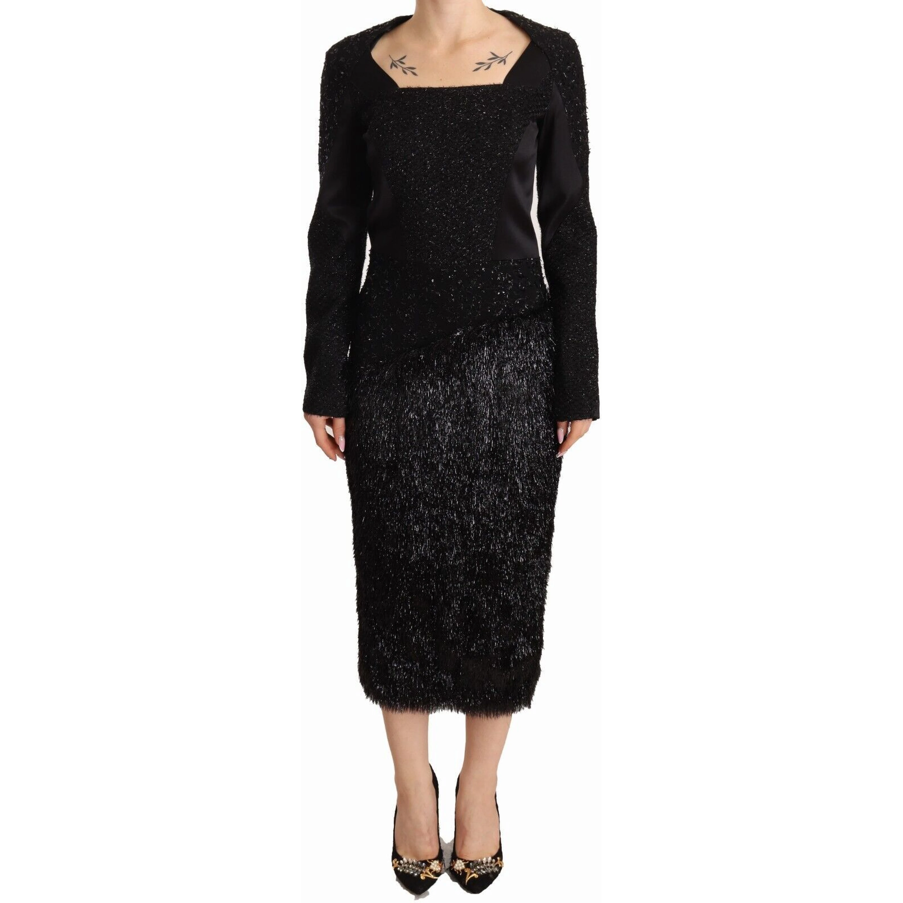 Black Studs Embellished Long Sleeves Sheath Midi Dress
