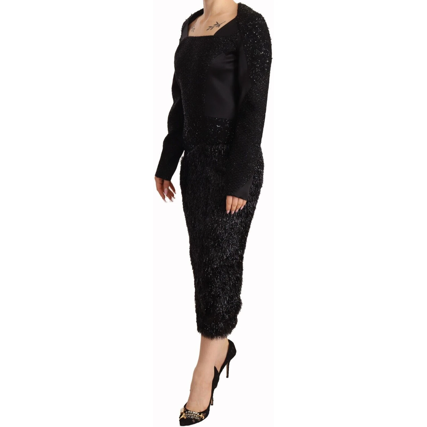 Black Studs Embellished Long Sleeves Sheath Midi Dress