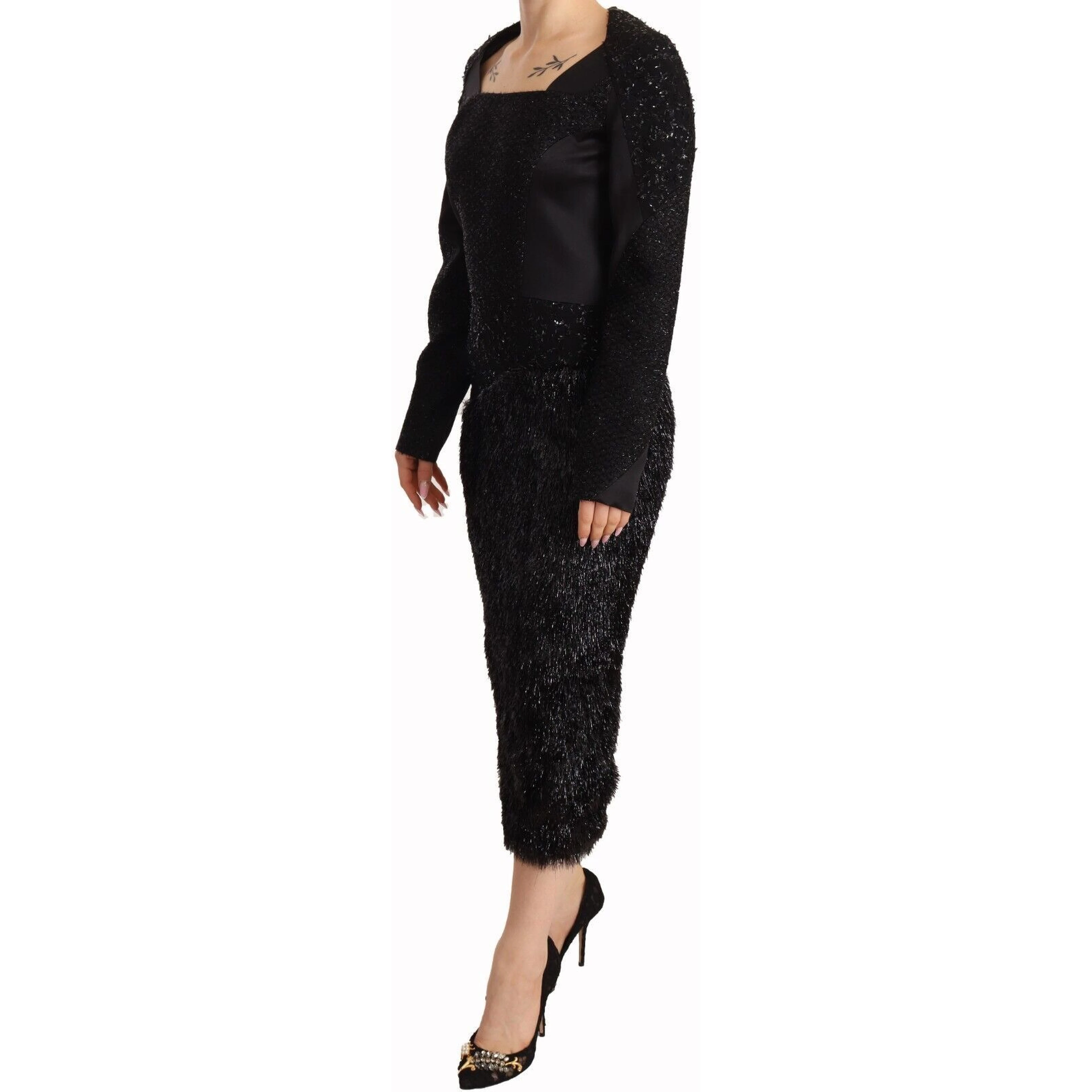 Black Studs Embellished Long Sleeves Sheath Midi Dress