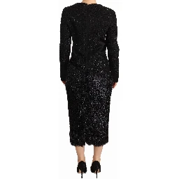 Black Studs Embellished Long Sleeves Sheath Midi Dress
