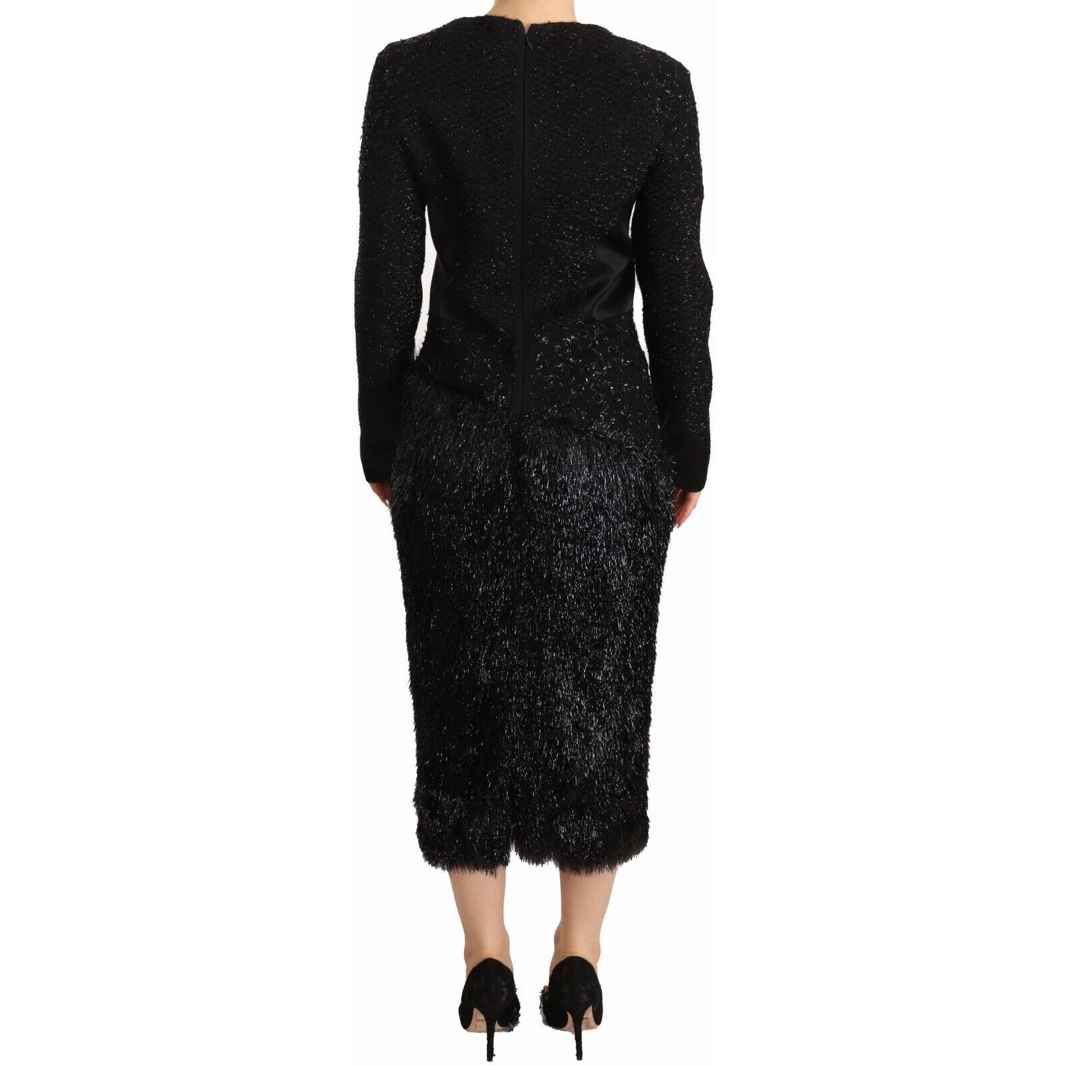 Black Studs Embellished Long Sleeves Sheath Midi Dress