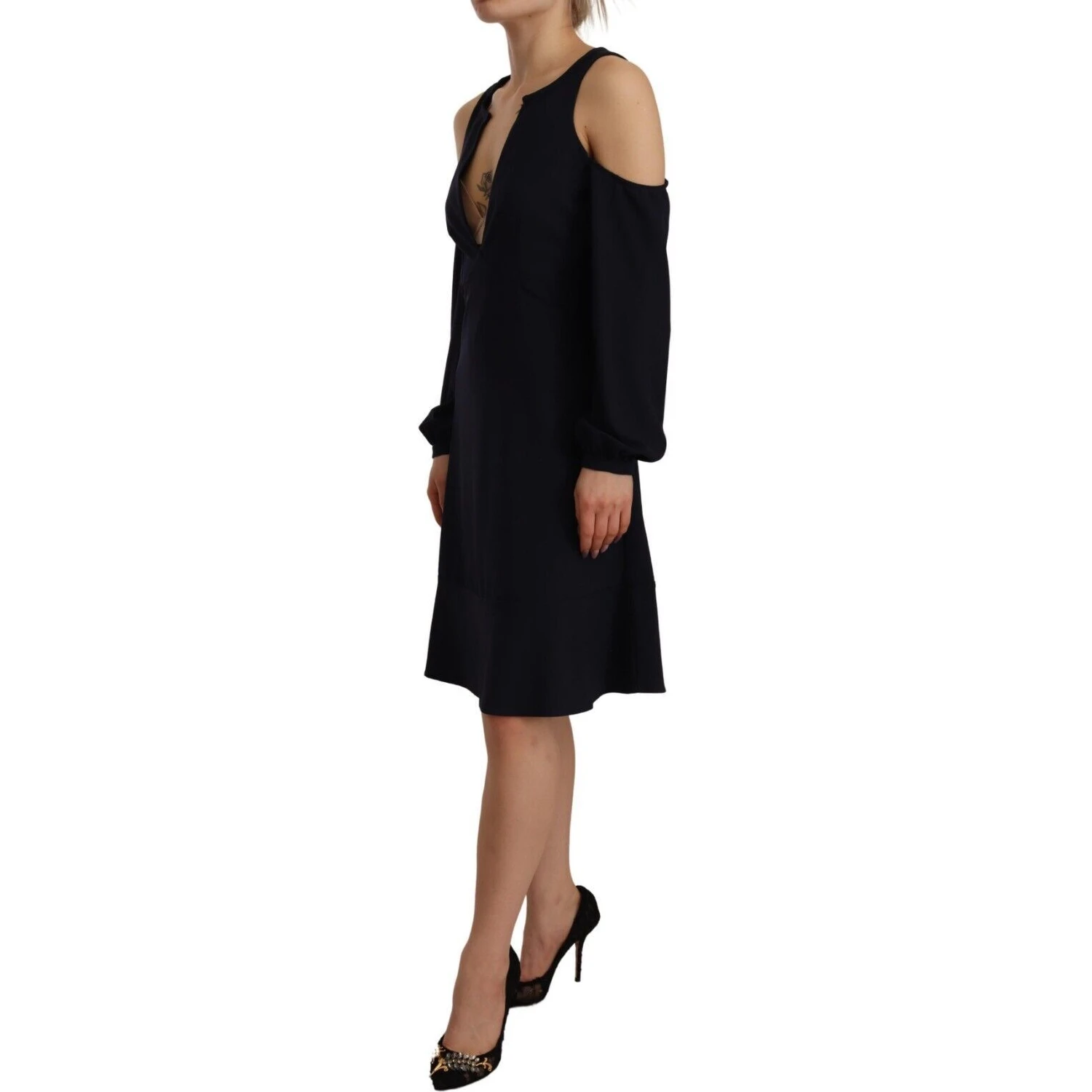 Black Long Sleeves Open Shoulder A-line Dress