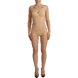 Beige Nylon Floral Lace Bodysuit Underwear