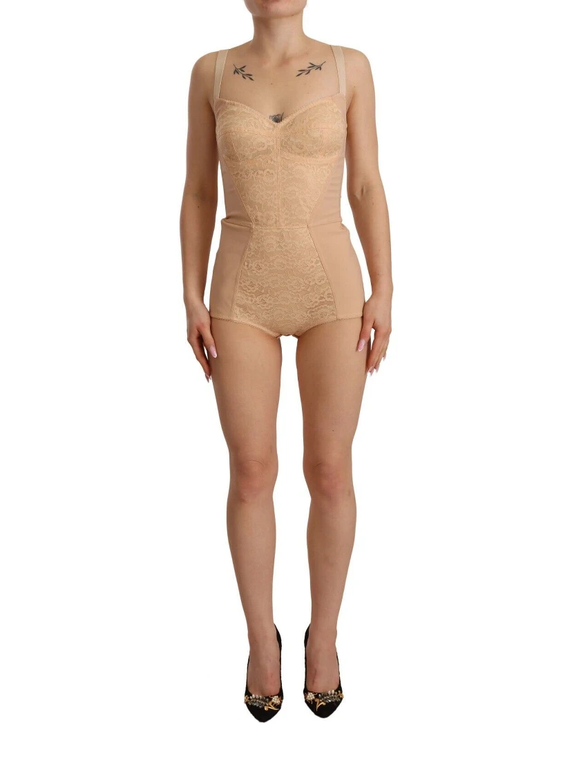 Beige Nylon Floral Lace Bodysuit Underwear