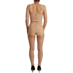 Beige Nylon Floral Lace Bodysuit Underwear