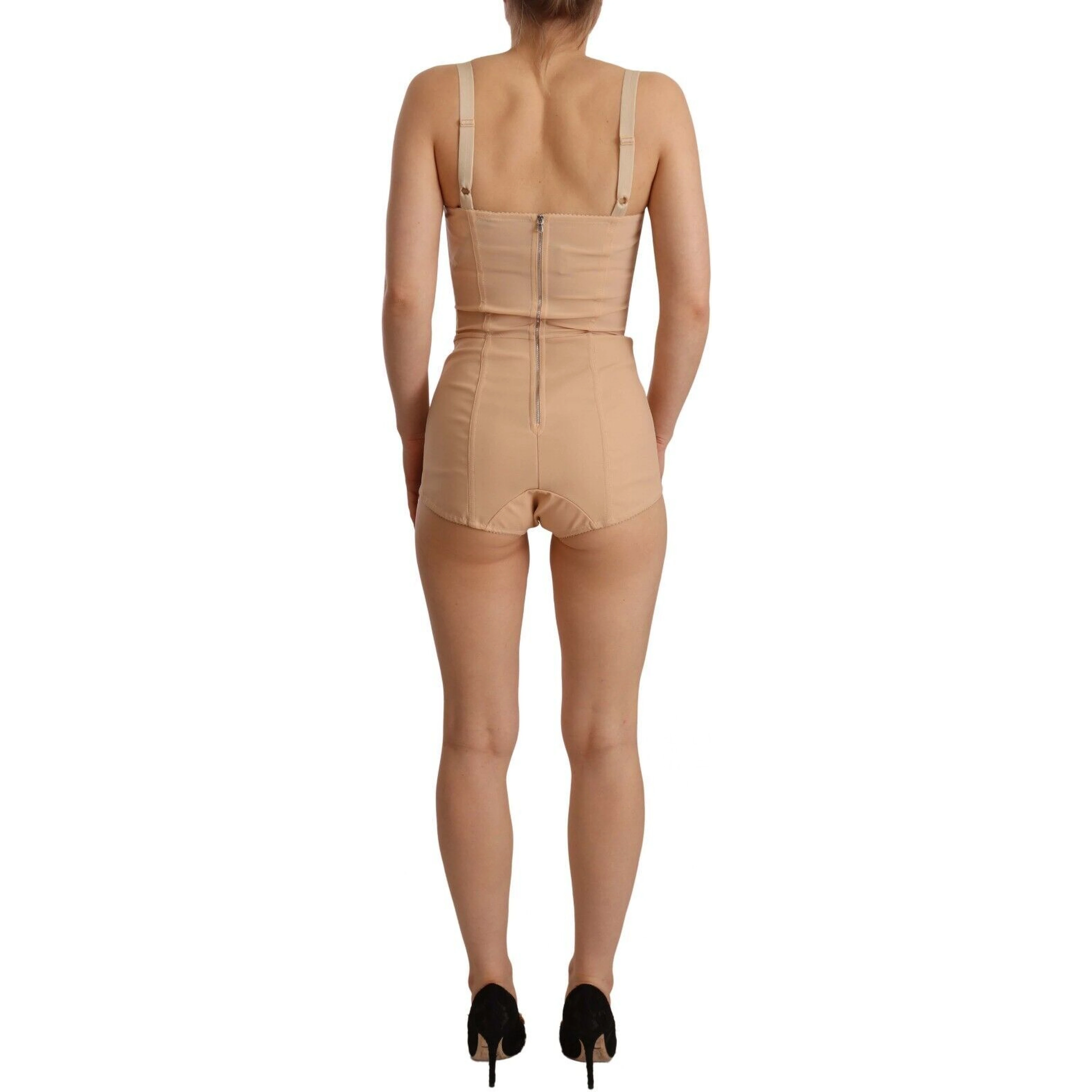 Beige Nylon Floral Lace Bodysuit Underwear