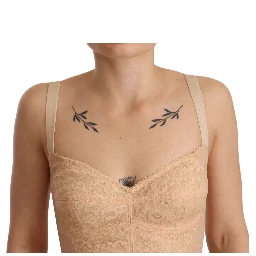 Beige Nylon Floral Lace Bodysuit Underwear