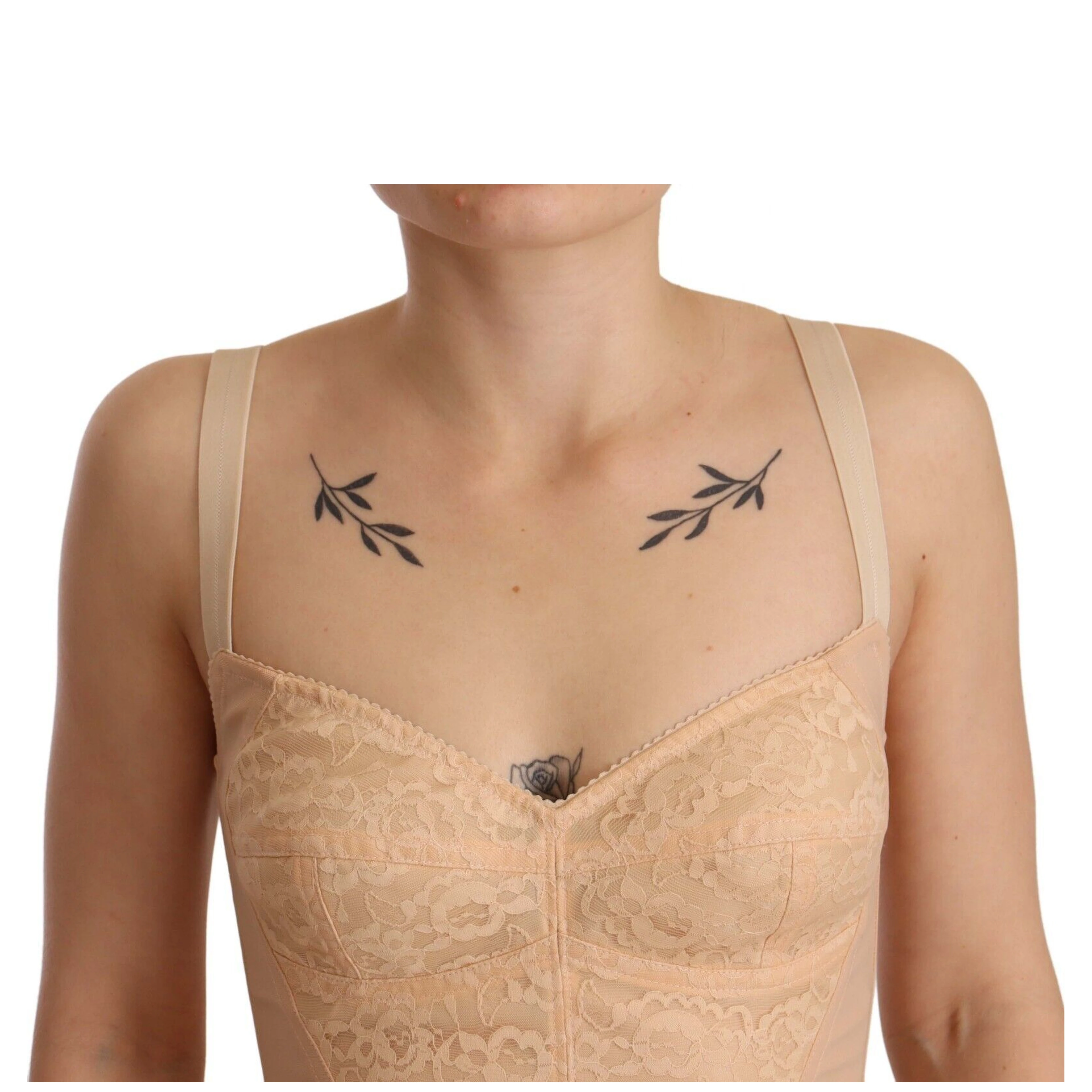 Beige Nylon Floral Lace Bodysuit Underwear
