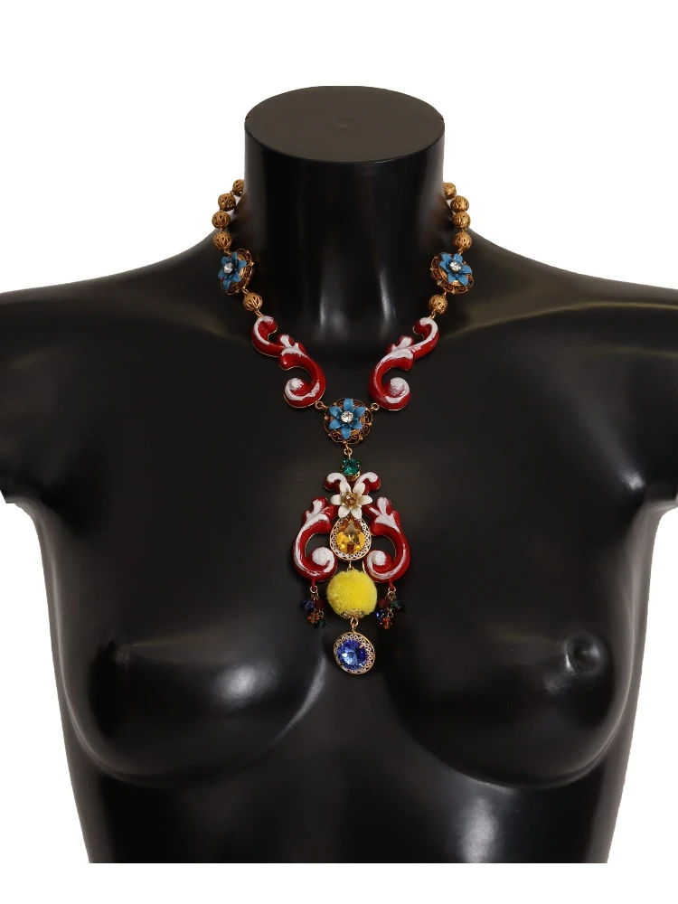 Gold Brass Carretto Sicily Statement Crystal Chain Necklace