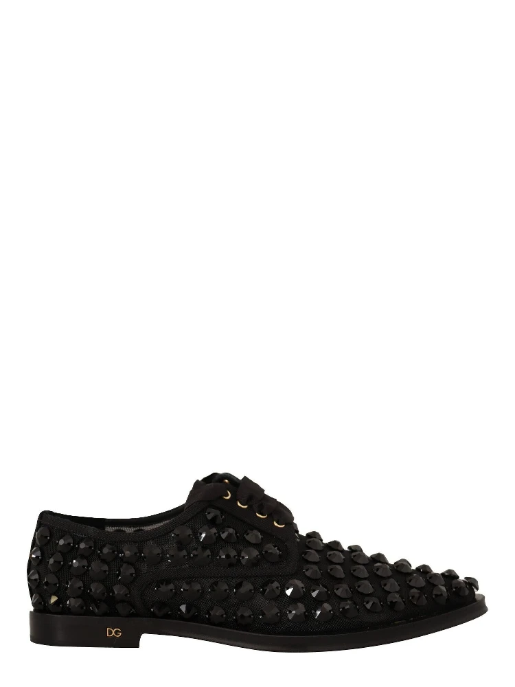 Black Lace Up Studded Formal Flats Shoes