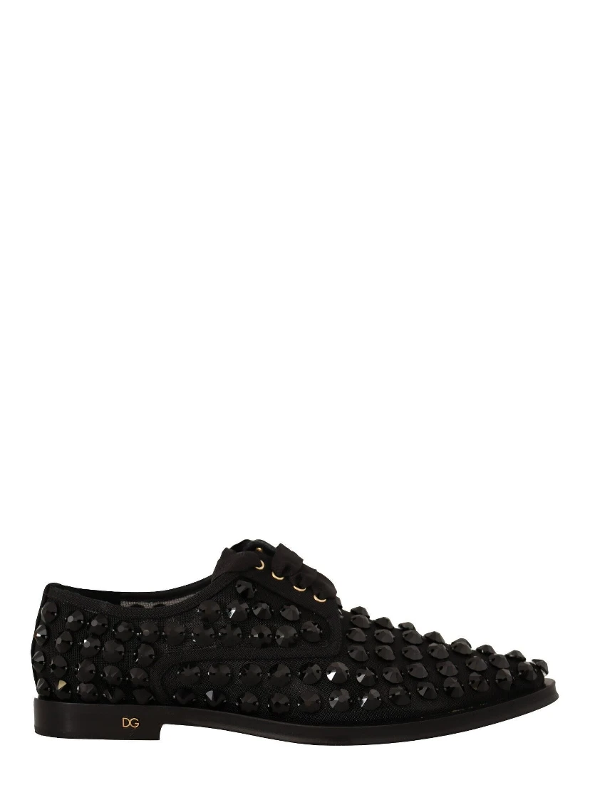 Black Lace Up Studded Formal Flats Shoes