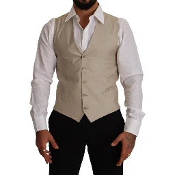 Beige Cotton Silk Slim Fit Waistcoat Vest