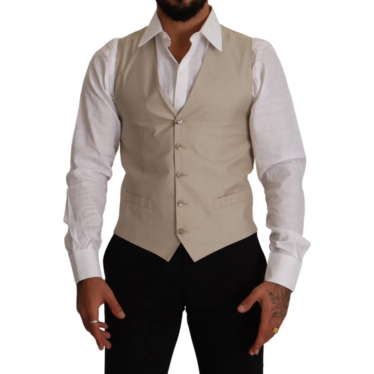 Beige Cotton Silk Slim Fit Waistcoat Vest