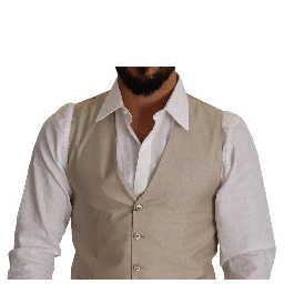 Beige Cotton Silk Slim Fit Waistcoat Vest