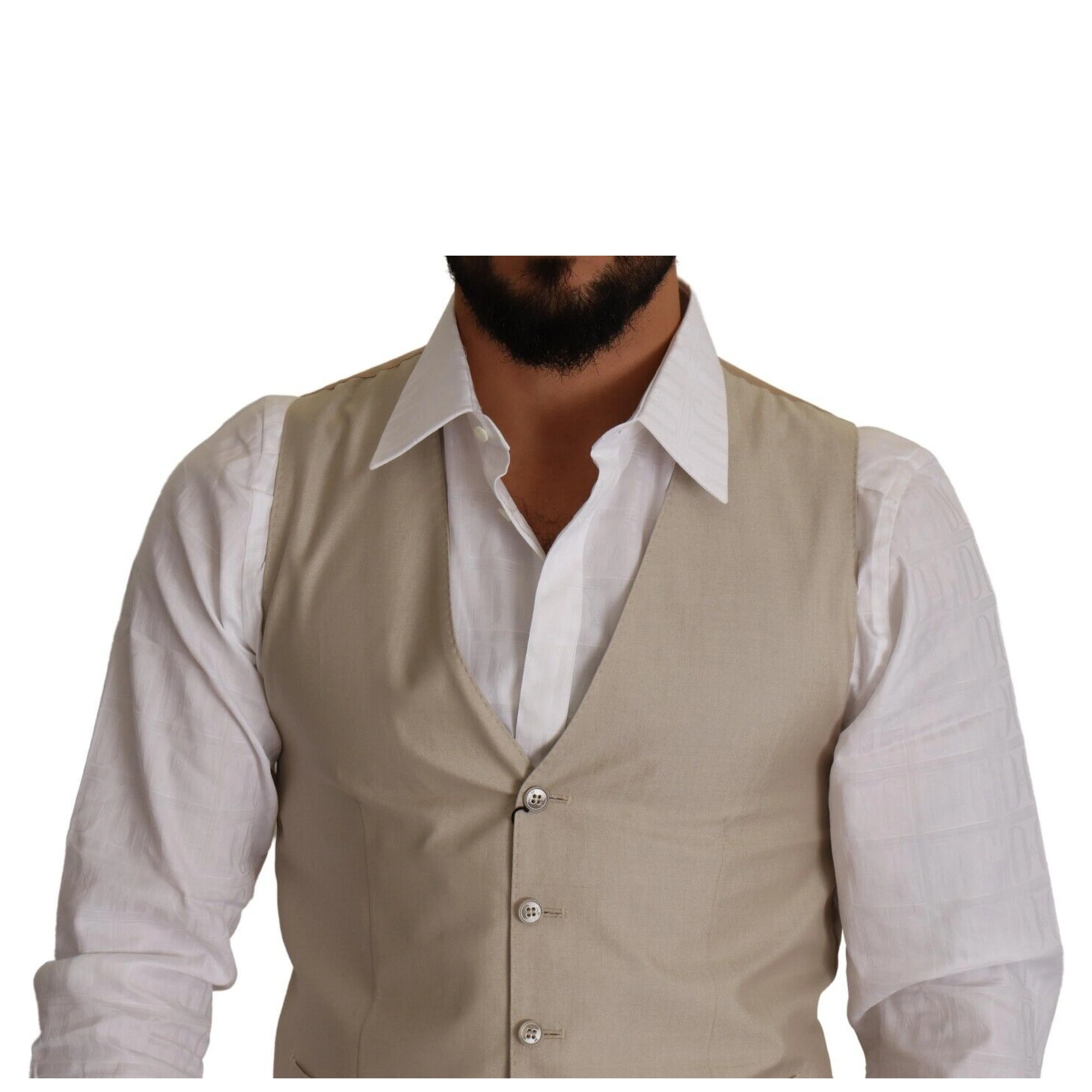 Beige Cotton Silk Slim Fit Waistcoat Vest