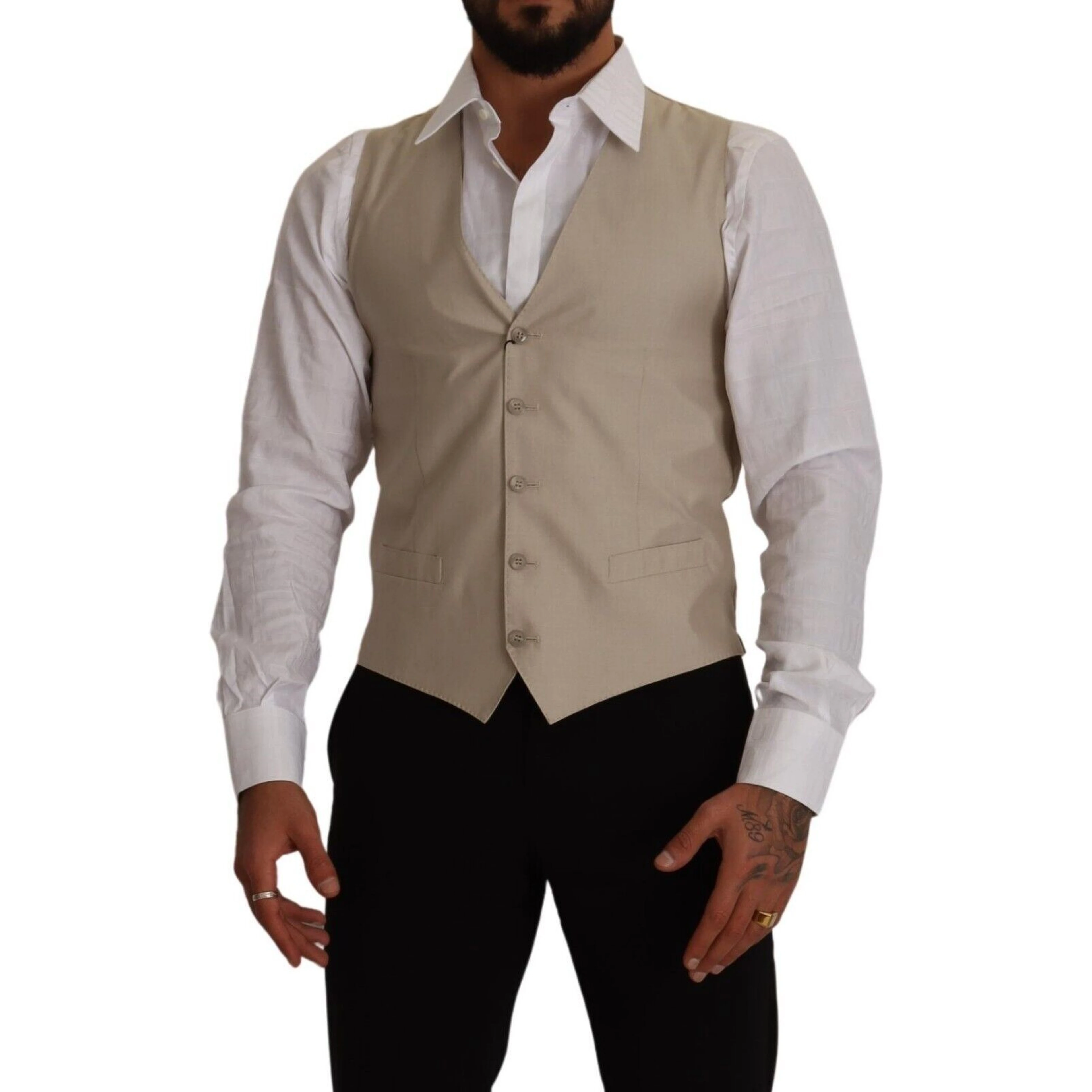 Beige Cotton Silk Slim Fit Waistcoat Vest