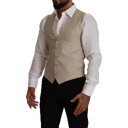Beige Cotton Silk Slim Fit Waistcoat Vest