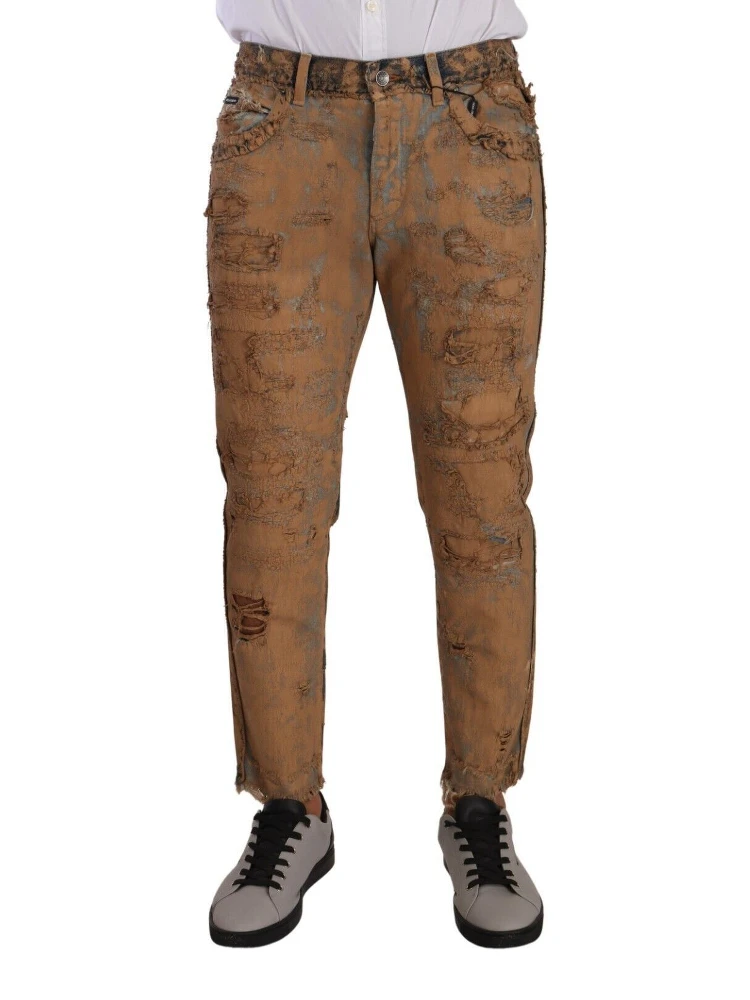 Brown Distressed Cotton Regular Denim Jeans