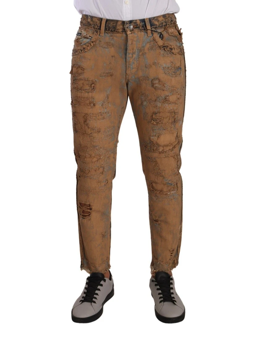 Brown Distressed Cotton Regular Denim Jeans