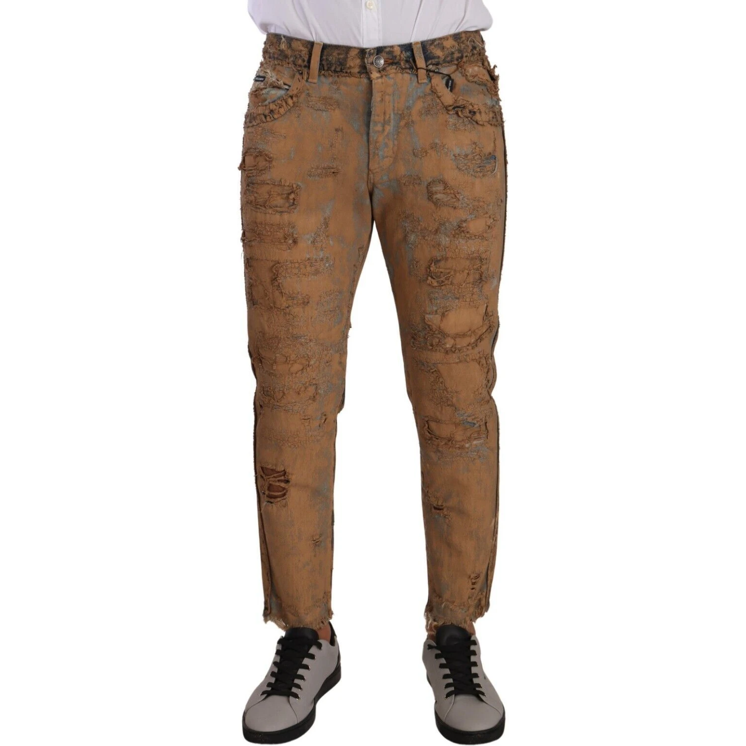 Brown Distressed Cotton Regular Denim Jeans