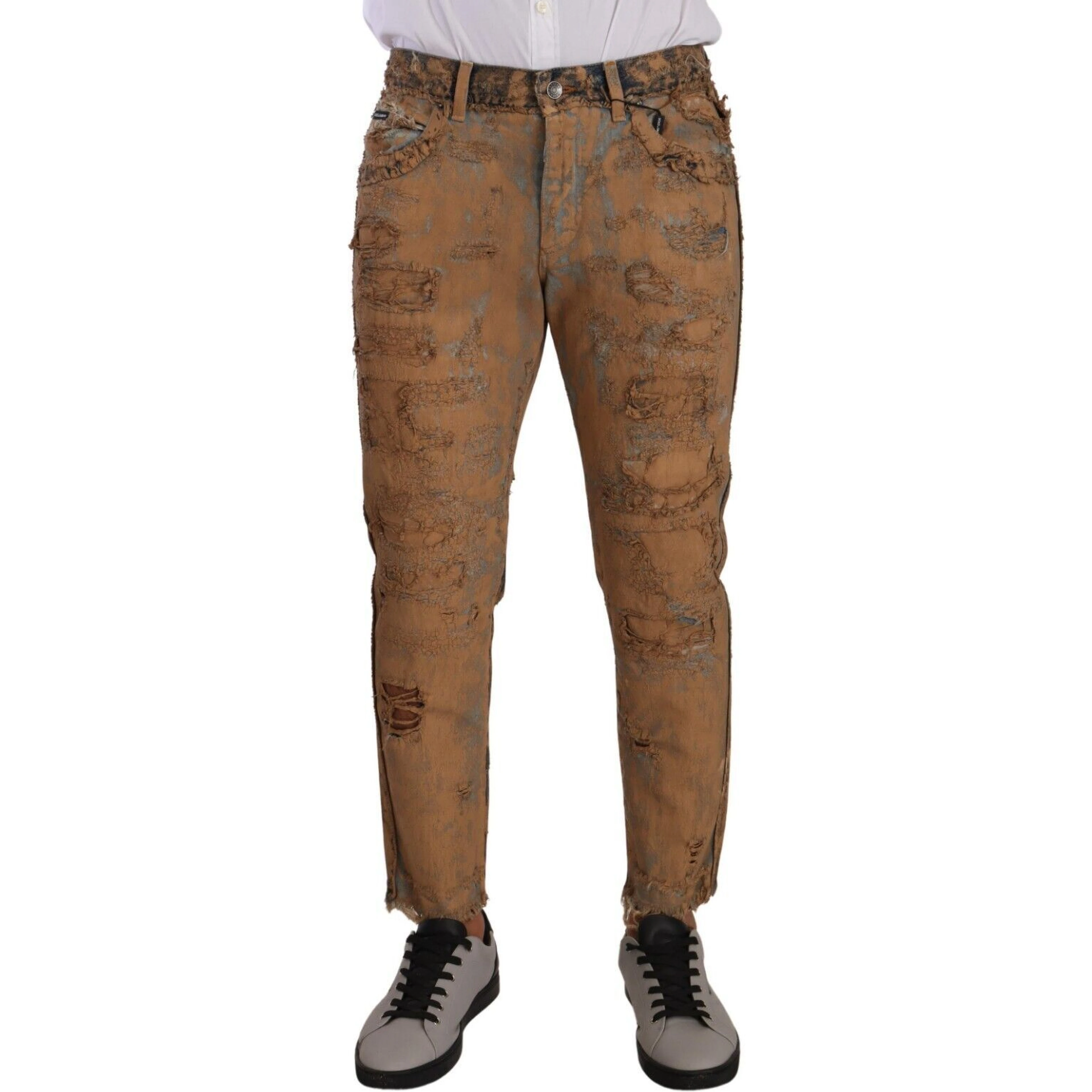 Brown Distressed Cotton Regular Denim Jeans