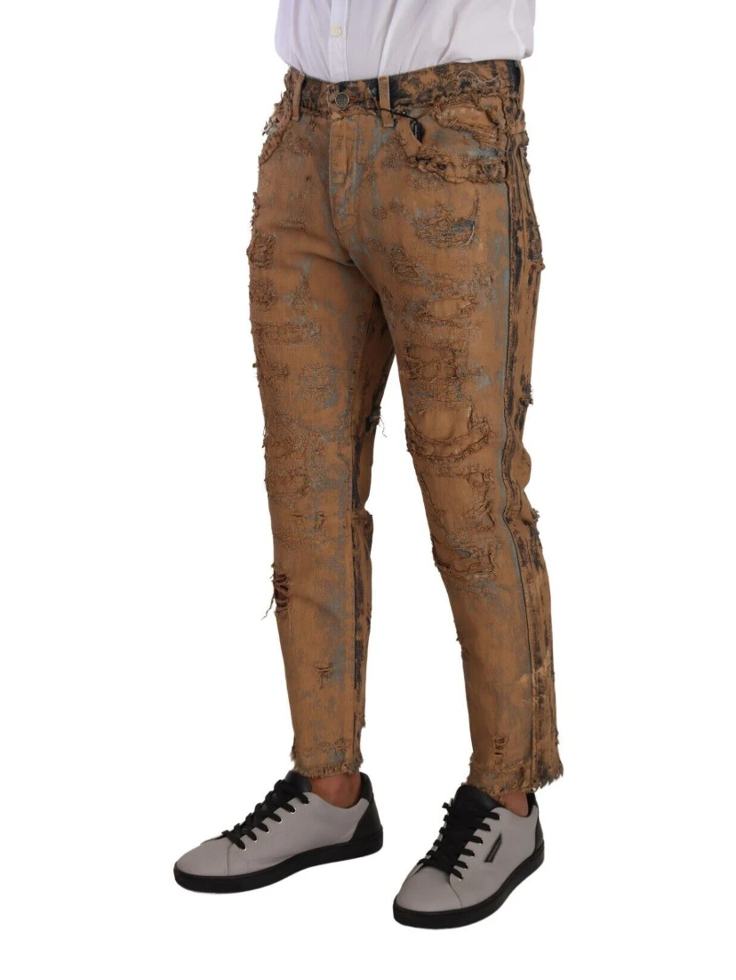 Brown Distressed Cotton Regular Denim Jeans