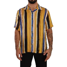 Yellow Striped Short Sleeve Silk Shirt
