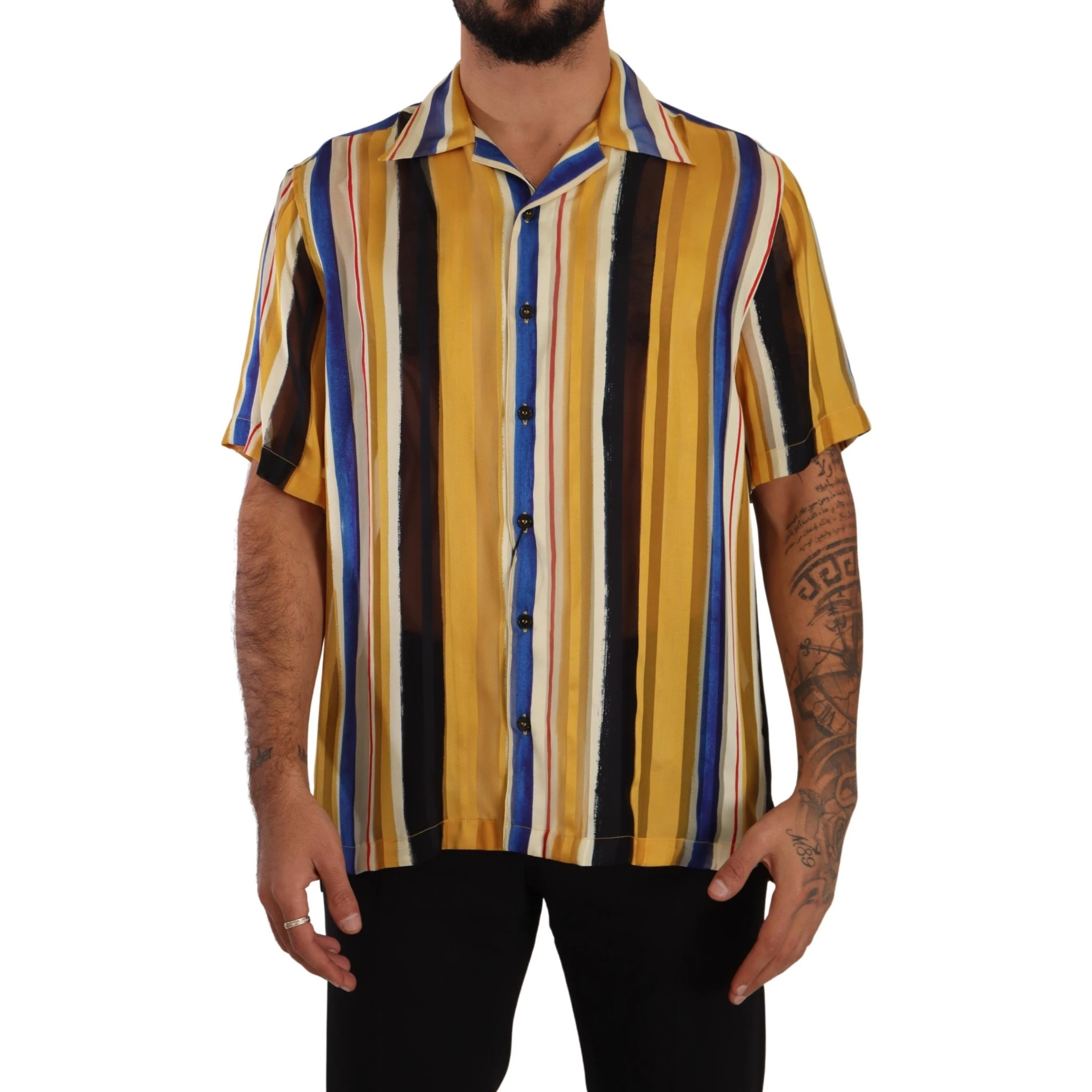 Yellow Striped Short Sleeve Silk Shirt