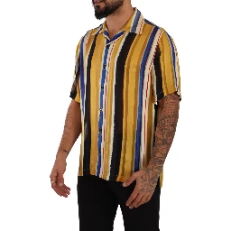 Yellow Striped Short Sleeve Silk Shirt