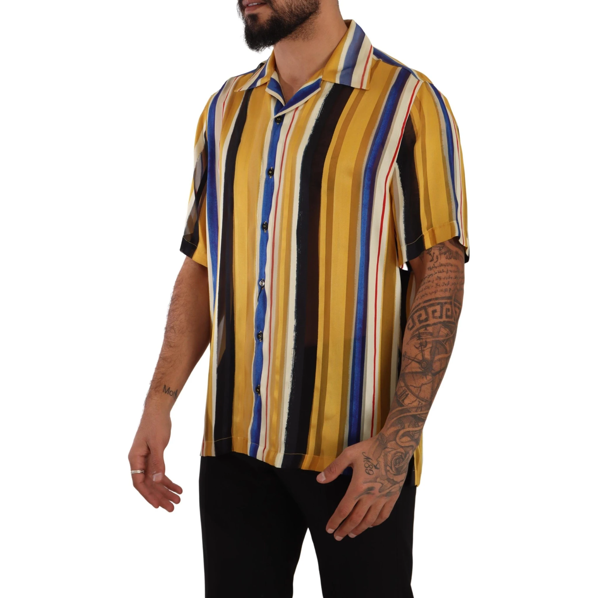 Yellow Striped Short Sleeve Silk Shirt