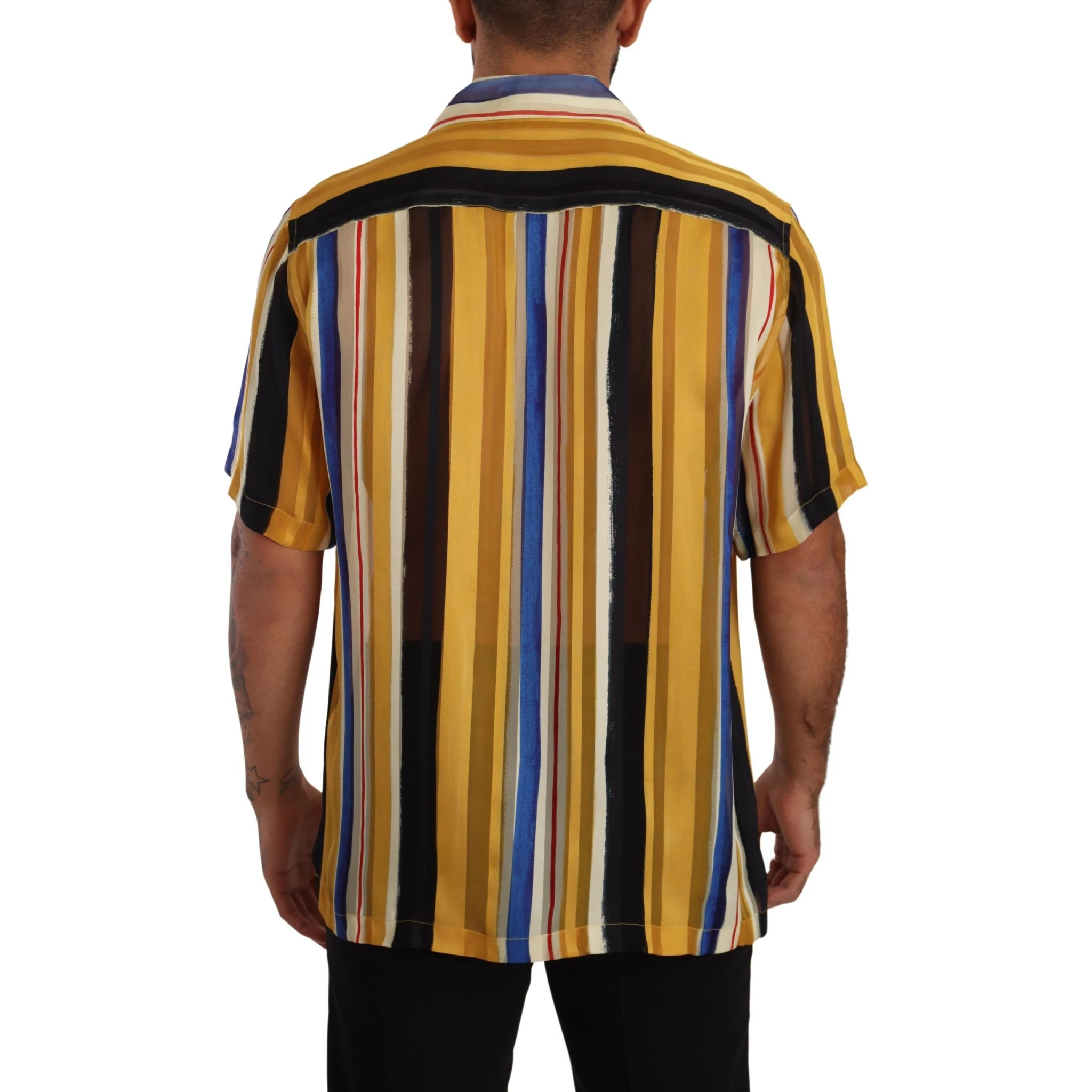 Yellow Striped Short Sleeve Silk Shirt