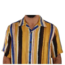 Yellow Striped Short Sleeve Silk Shirt