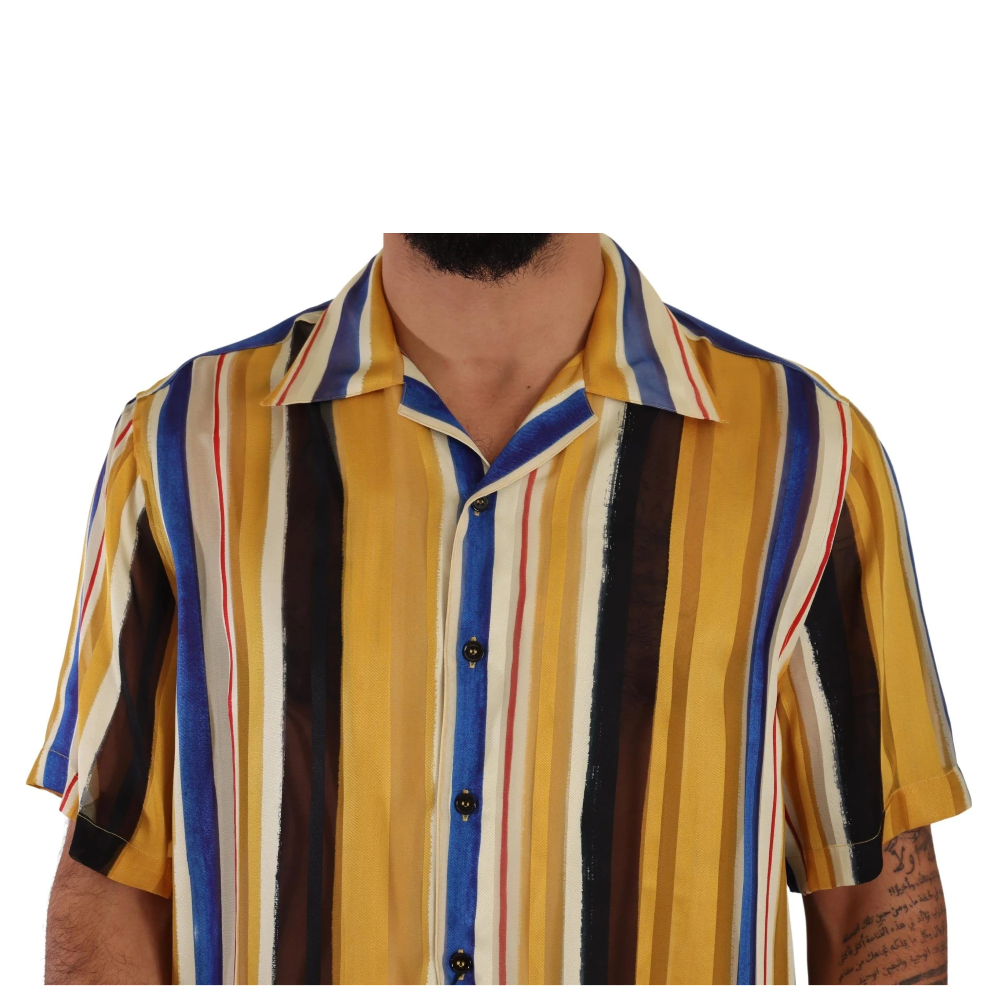 Yellow Striped Short Sleeve Silk Shirt