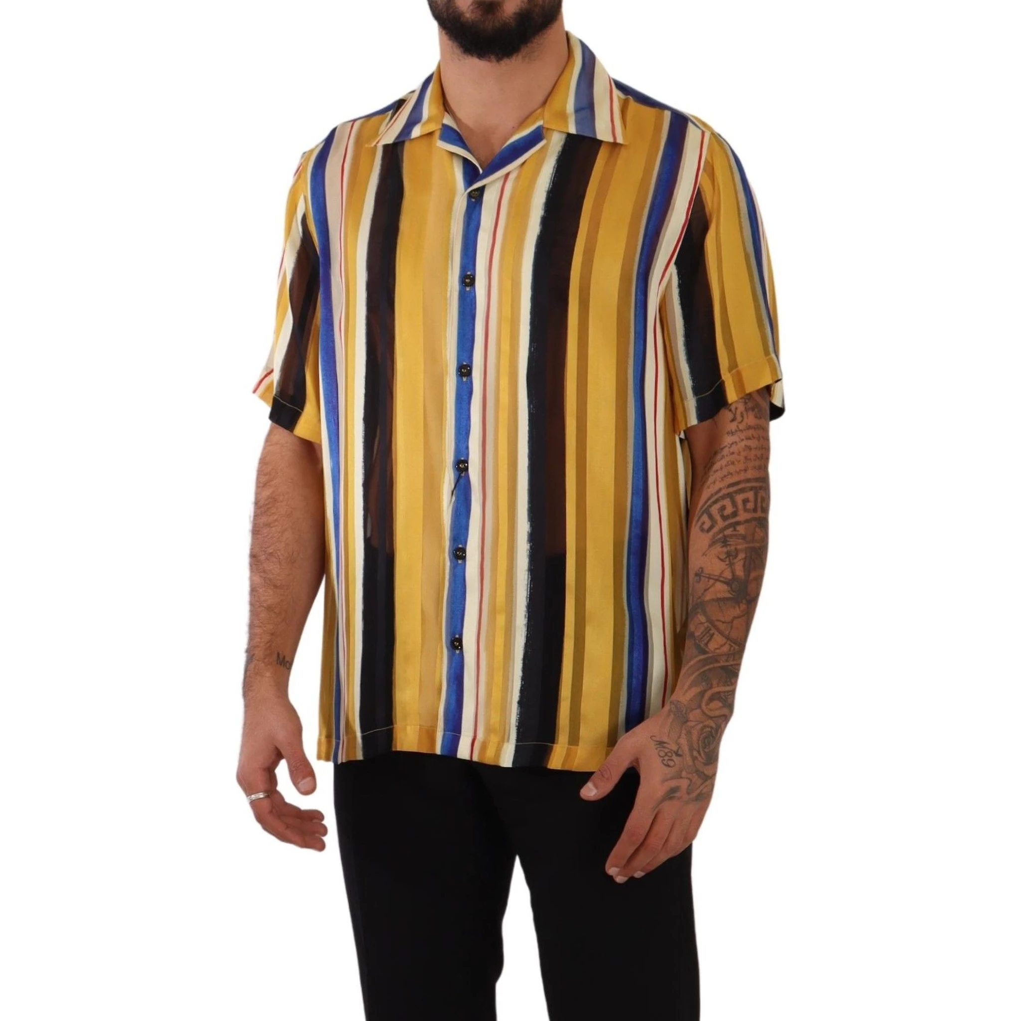 Yellow Striped Short Sleeve Silk Shirt