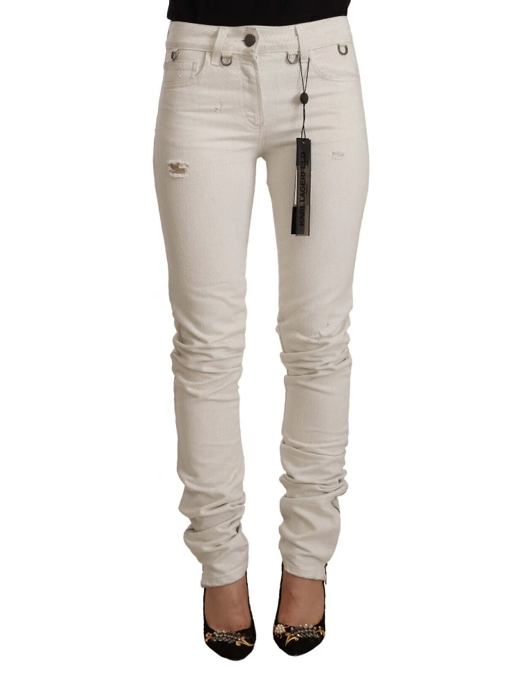 White Mid Waist Cotton Denim Slim Fit Jeans