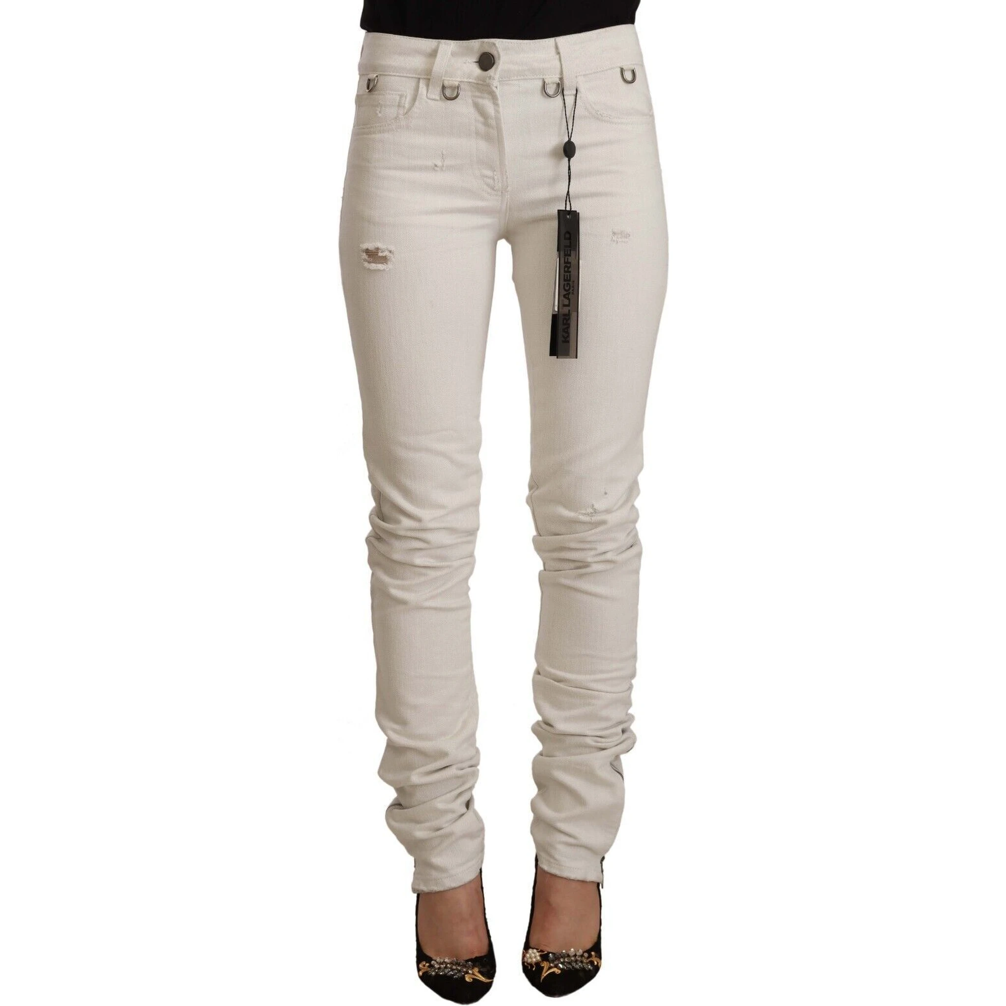 White Mid Waist Cotton Denim Slim Fit Jeans