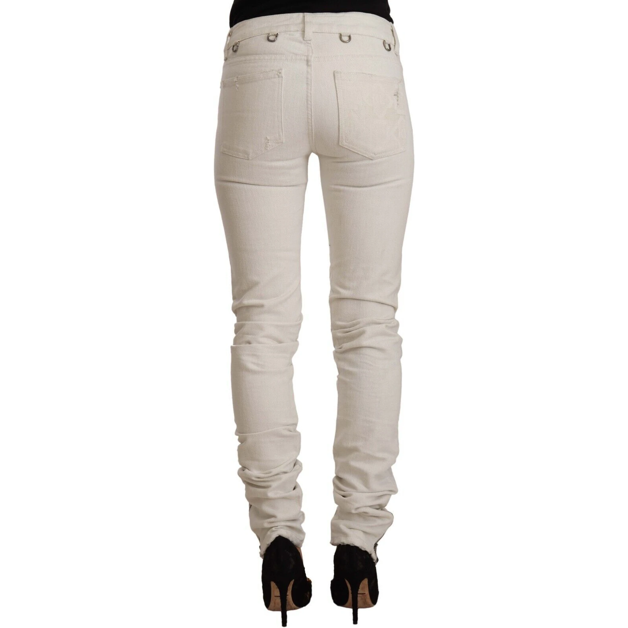 White Mid Waist Cotton Denim Slim Fit Jeans
