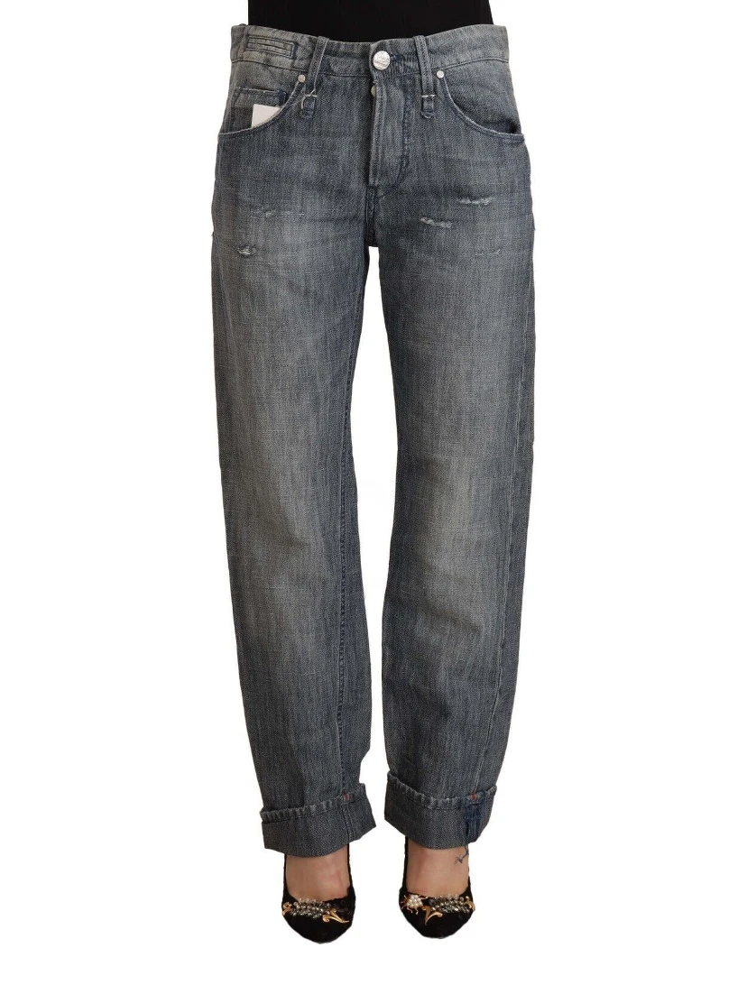 Gray Washed Mid Waist Straight Denim Folded Hem Jeans