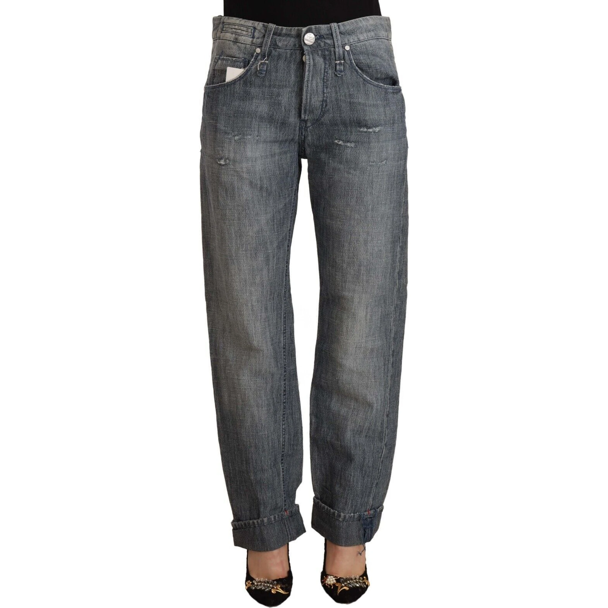 Gray Washed Mid Waist Straight Denim Folded Hem Jeans