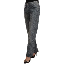Gray Washed Mid Waist Straight Denim Folded Hem Jeans