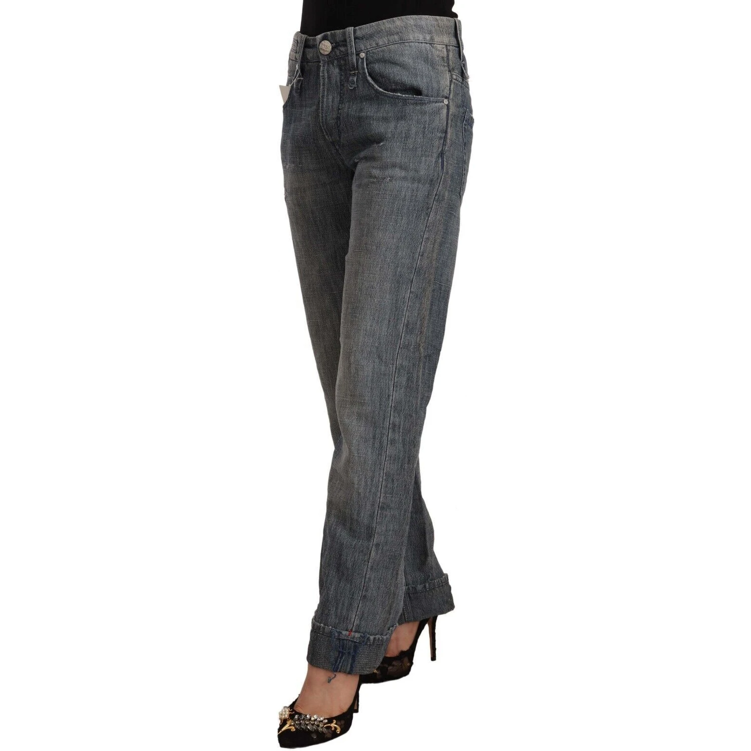 Gray Washed Mid Waist Straight Denim Folded Hem Jeans