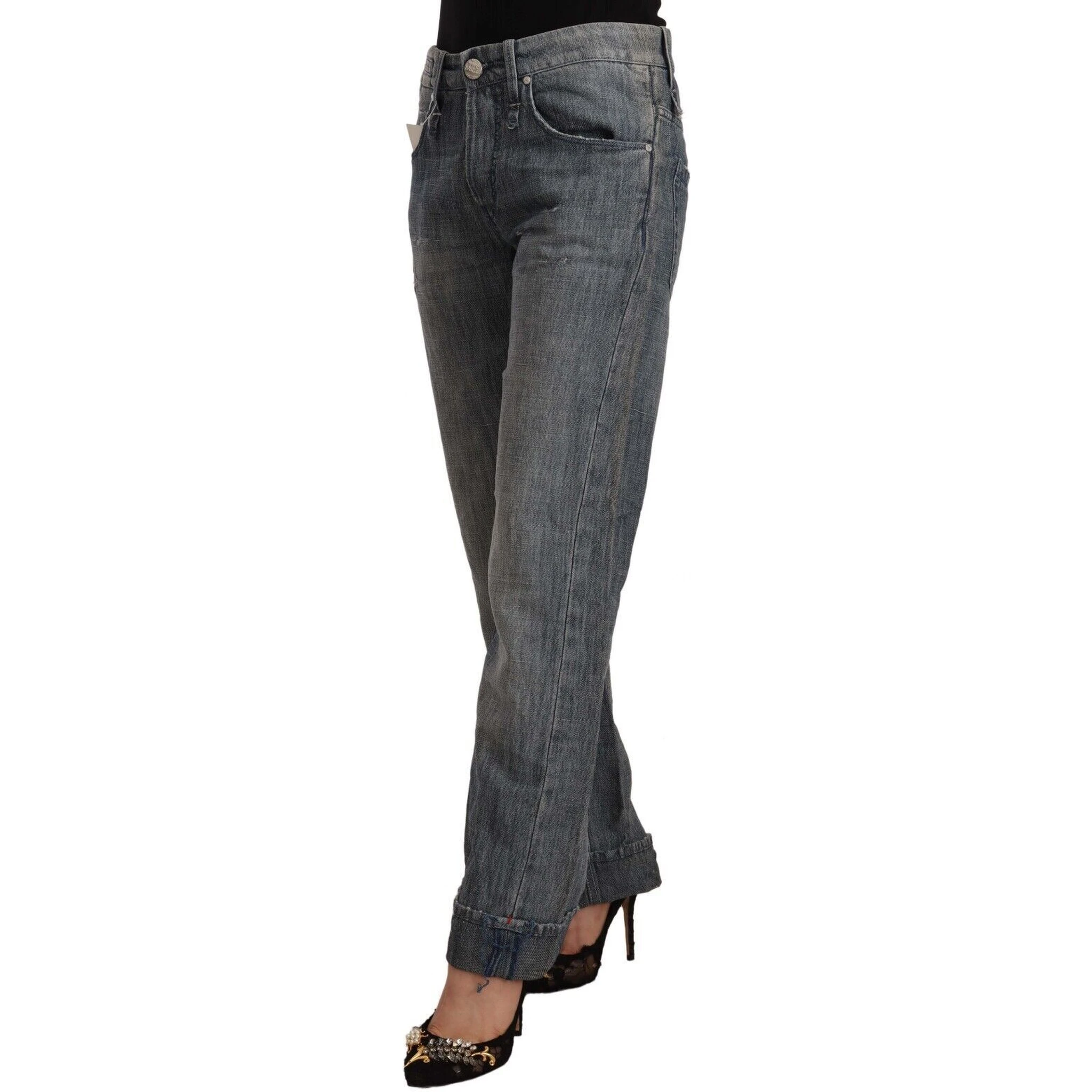 Gray Washed Mid Waist Straight Denim Folded Hem Jeans