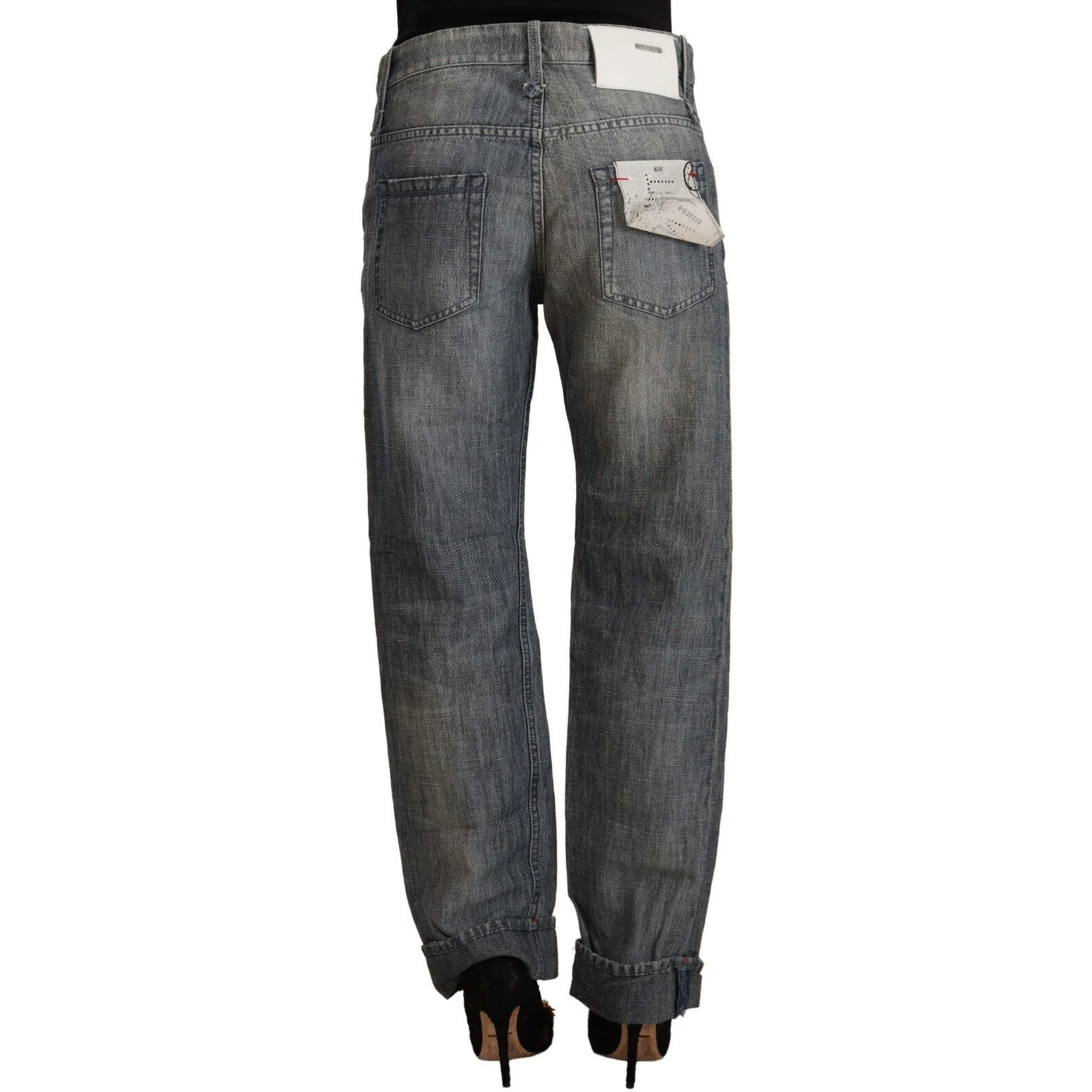 Gray Washed Mid Waist Straight Denim Folded Hem Jeans