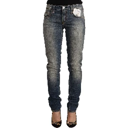 Blue Washed Cotton Mid Waist Skinny Denim Jeans