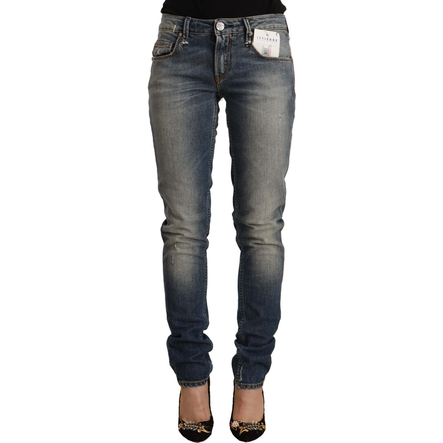Blue Washed Cotton Mid Waist Skinny Denim Jeans