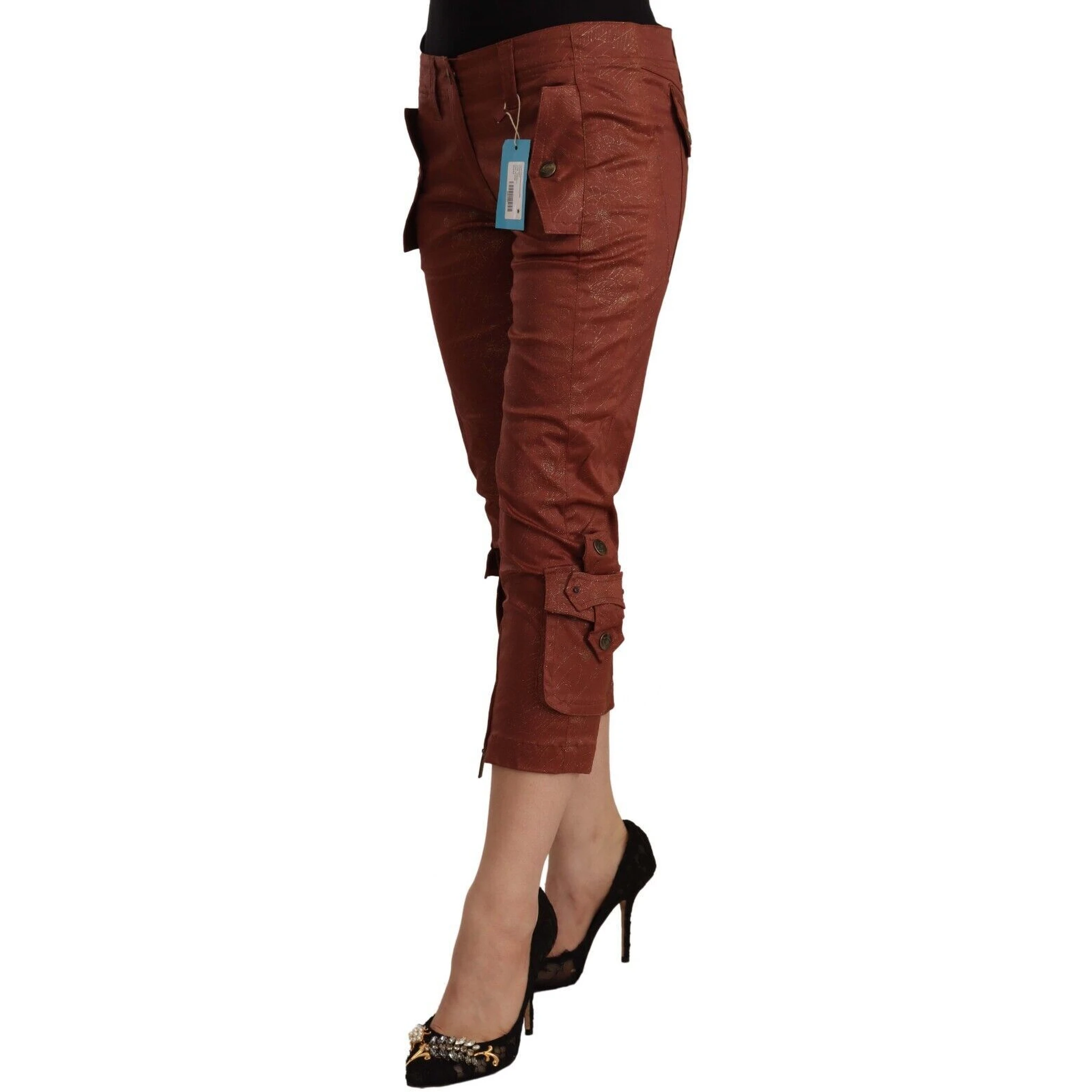 Brown Lurex Mid Waist Cotton Cropped Capri Pants