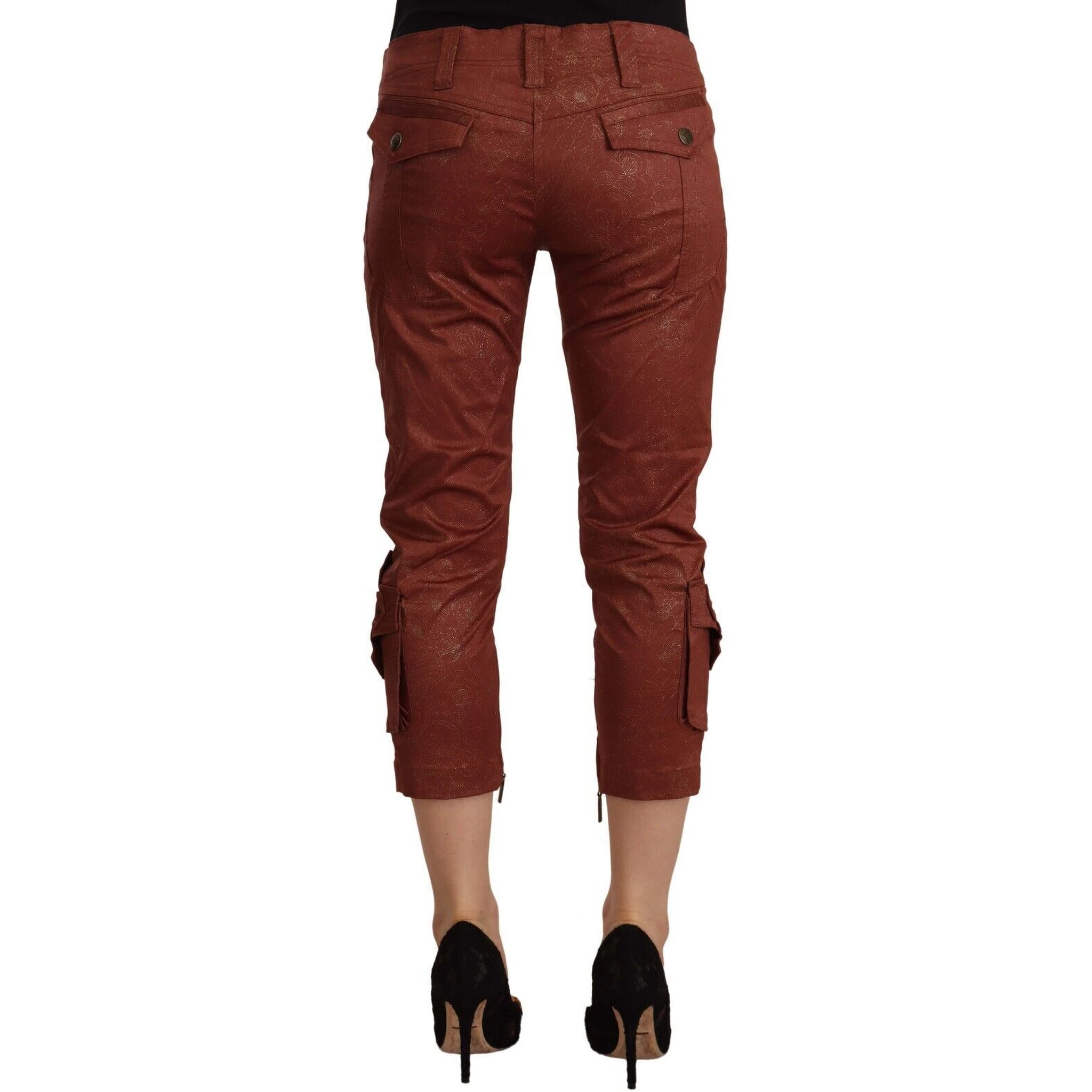 Brown Lurex Mid Waist Cotton Cropped Capri Pants