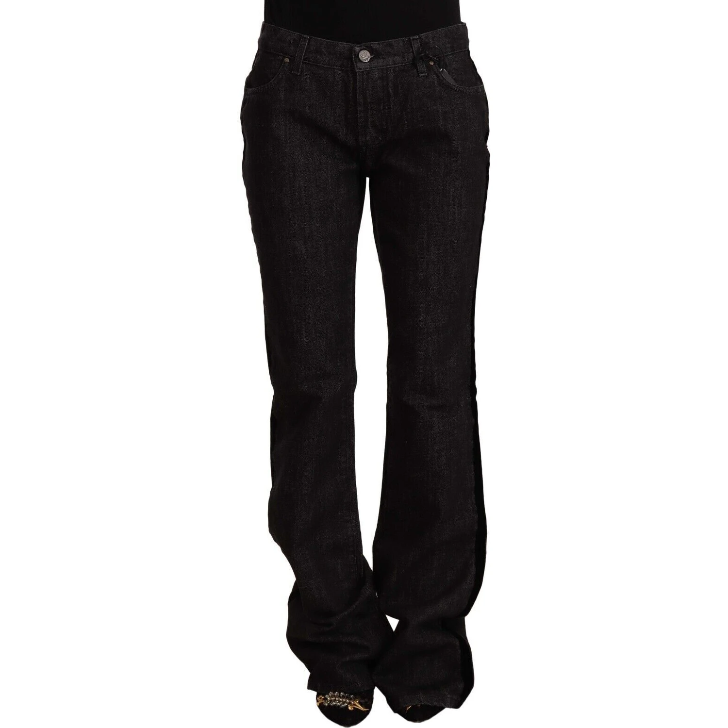 Black Mid Waist Cotton Denim Straight Boot Cut Jeans